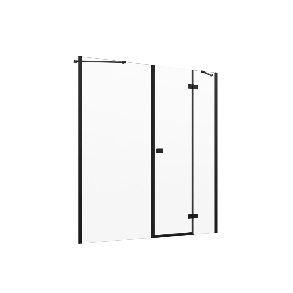 Porta doccia 200cm profili nero opaco apertura battente a destra con cerniere 110cm e parete fissa da 90cm vetro 8mm trasparente h195 | Fiji