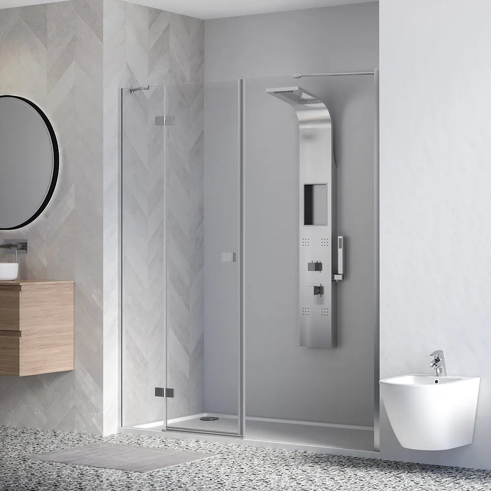 Porta doccia 190cm profili cromati apertura battente a sinistra con cerniere 110cm e parete fissa da 80cm vetro 8mm trasparente h195 | Fiji