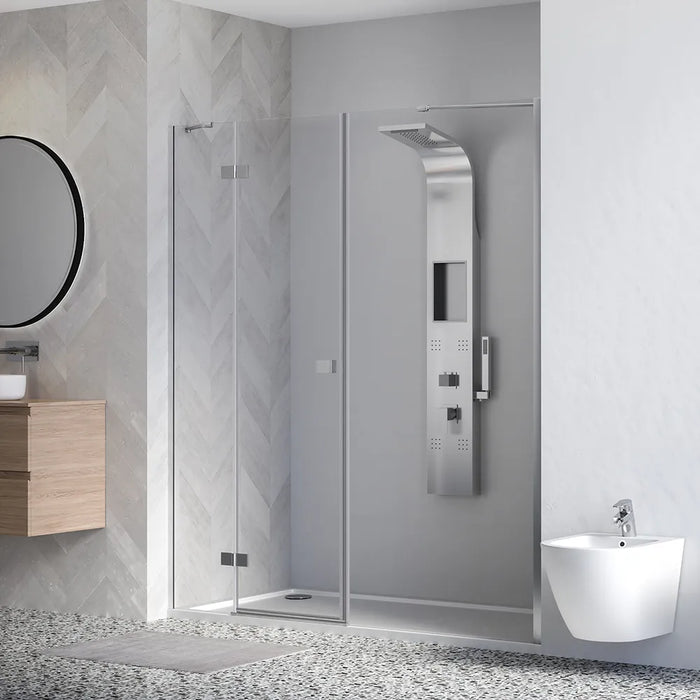 Porta doccia 150cm profili cromati apertura battente a sinistra con cerniere 70cm e parete fissa da 80cm vetro 8mm trasparente h195 | Fiji