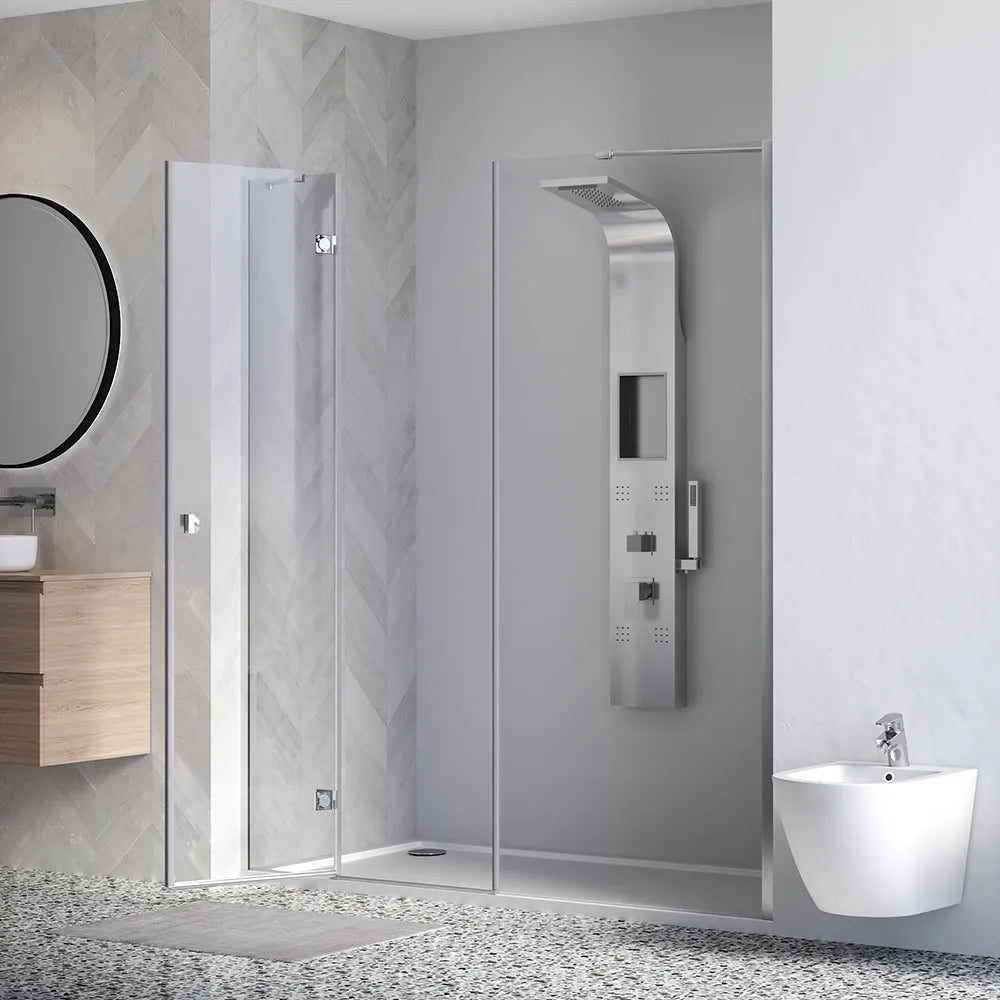 Porta doccia 190cm profili cromati apertura battente a sinistra con cerniere 110cm e parete fissa da 80cm vetro 8mm trasparente h195 | Fiji