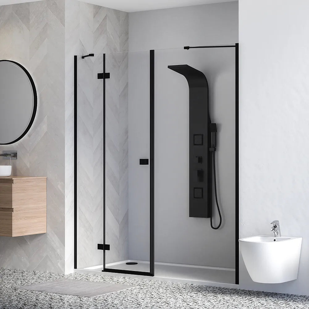 Porta doccia 160cm profili nero opaco apertura battente a sinistra con cerniere 70cm e parete fissa da 90cm vetro 8mm trasparente h195 | Fiji