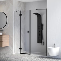 Porta doccia 160cm profili nero opaco apertura battente a sinistra con cerniere 70cm e parete fissa da 90cm vetro 8mm trasparente h195 | Fiji