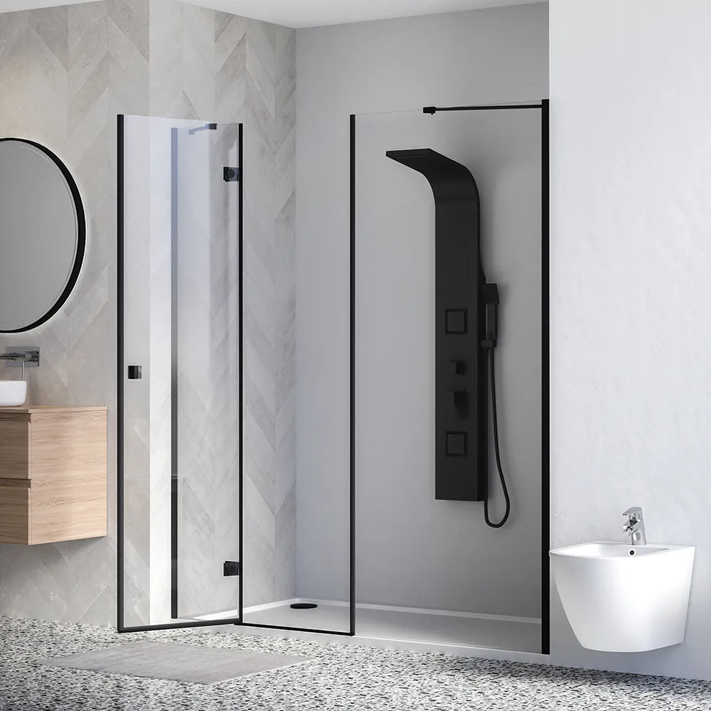 Porta doccia 160cm profili nero opaco apertura battente a sinistra con cerniere 90cm con parete fissa da 70cm vetro 8mm trasparente h195 | Fiji