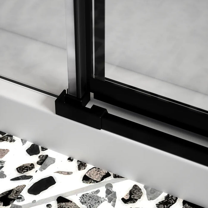 Porta doccia 210cm profili nero opaco apertura battente a sinistra con cerniere 120cm e parete fissa da 90cm vetro 8mm trasparente h195 | Fiji