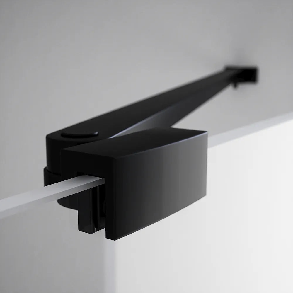 Porta doccia 150cm profili nero opaco apertura battente a sinistra con cerniere 70cm e parete fissa da 80cm vetro 8mm trasparente h195 | Fiji
