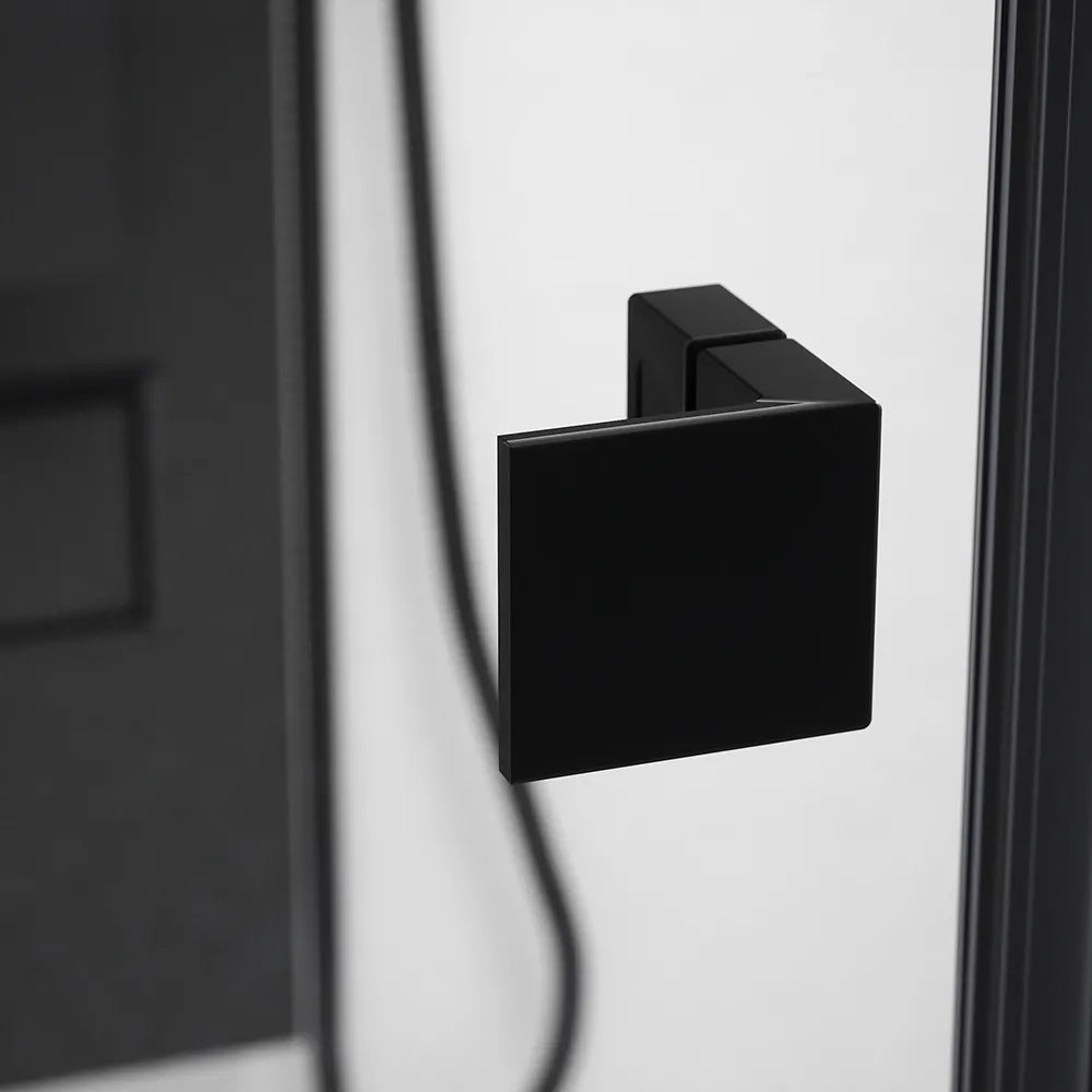 Porta doccia 150cm profili nero opaco apertura battente a sinistra con cerniere 80cm e parete fissa da 70cm vetro 8mm trasparente h195 | Fiji
