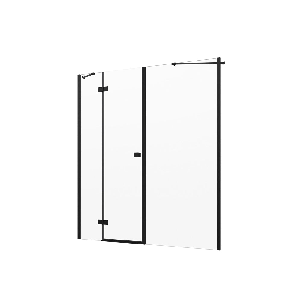 Porta doccia 170cm profili nero opaco apertura battente a sinistra con cerniere 100cm e parete fissa da 70cm vetro 8mm trasparente h195 | Fiji