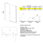 Porta doccia battente 6mm h195 anticalcare salema, misura 150