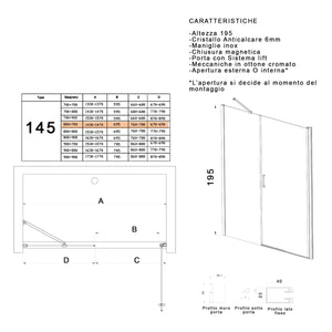Porta doccia battente 6mm h195 anticalcare salema, misura 145