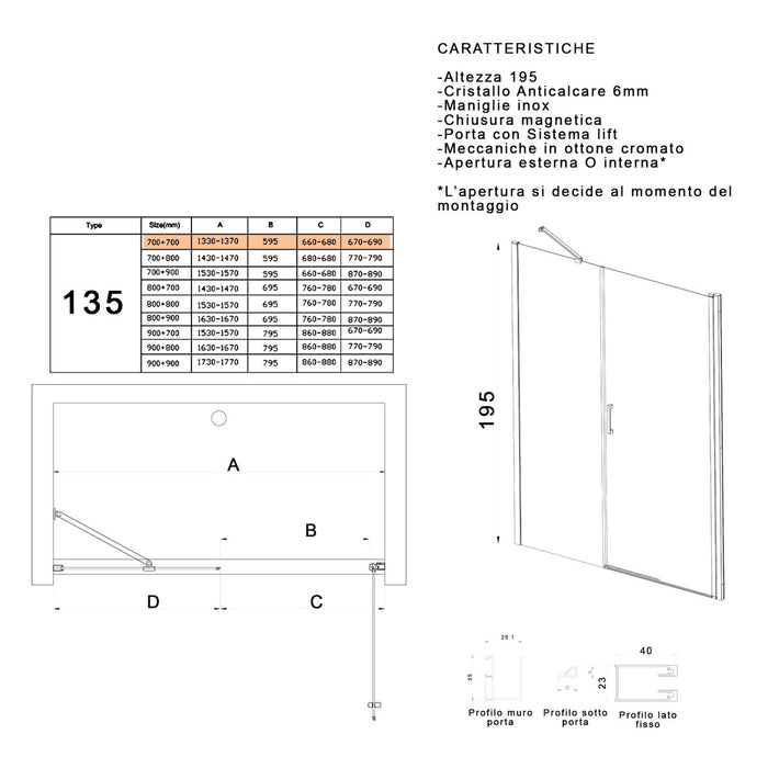 Porta doccia battente 6mm h195 anticalcare salema, misura 135