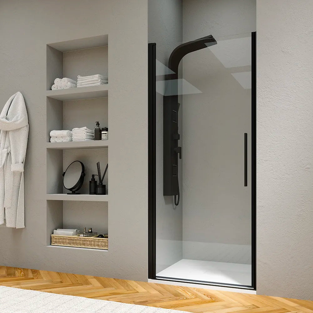 Porta doccia 100cm apertura a battente con profili nero opaco e vetro da 6mm trasparente h195 | Elba