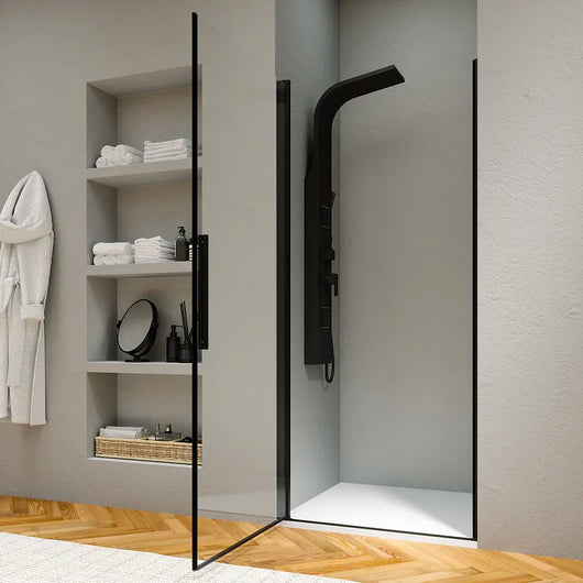 Porta doccia 90cm apertura a battente con profili nero opaco e vetro da 6mm trasparente h195 | Elba