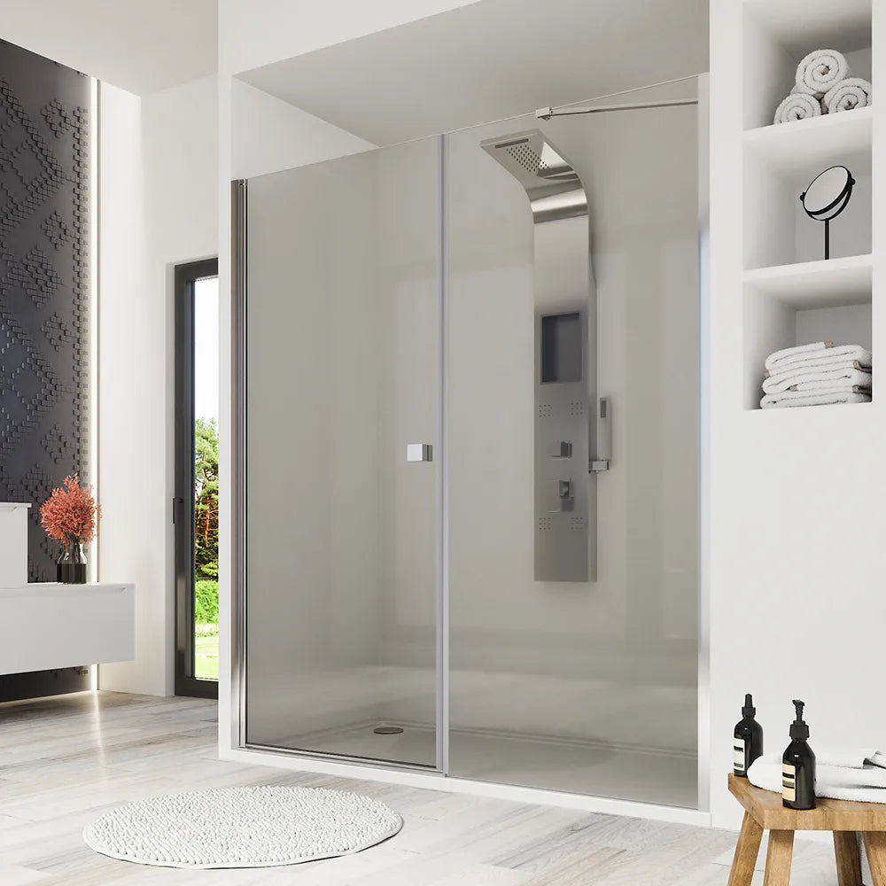 Porta doccia 180cm profili cromati apertura a battente 90cm con parete fissa da 90cm vetro 8mm trasparente h195 | Fiji