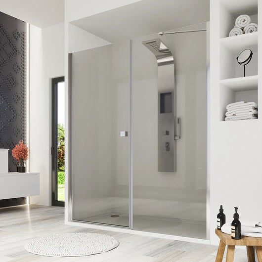 Porta doccia 160cm profili cromati apertura a battente 90cm con parete fissa da 70cm vetro 8mm trasparente h195 | Fiji