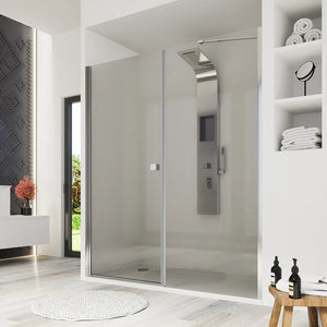Porta doccia 150cm profili cromati apertura a battente 80cm con parete fissa da 70cm vetro 8mm trasparente h195 | Fiji