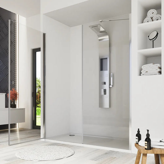 Porta doccia 170cm profili cromati apertura a battente 100cm con parete fissa da 70cm vetro 8mm trasparente h195 | Fiji