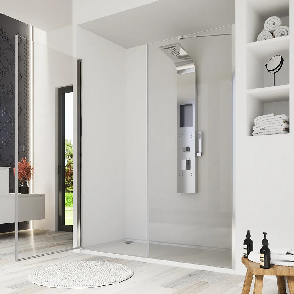 Porta doccia 170cm profili cromati apertura a battente 80cm con parete fissa da 90cm vetro 8mm trasparente h195 | Fiji
