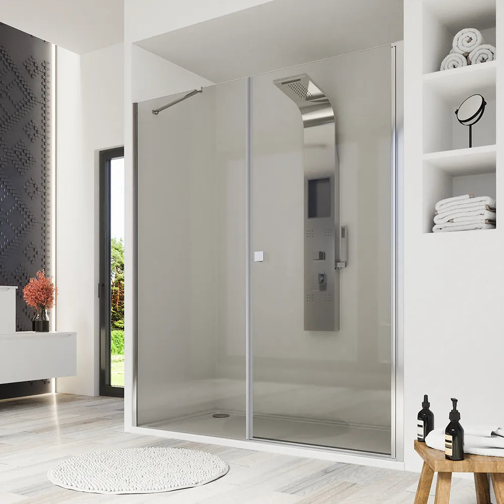 Porta doccia 150cm profili cromati apertura a battente 80cm con parete fissa da 70cm vetro 8mm trasparente h195 | Fiji