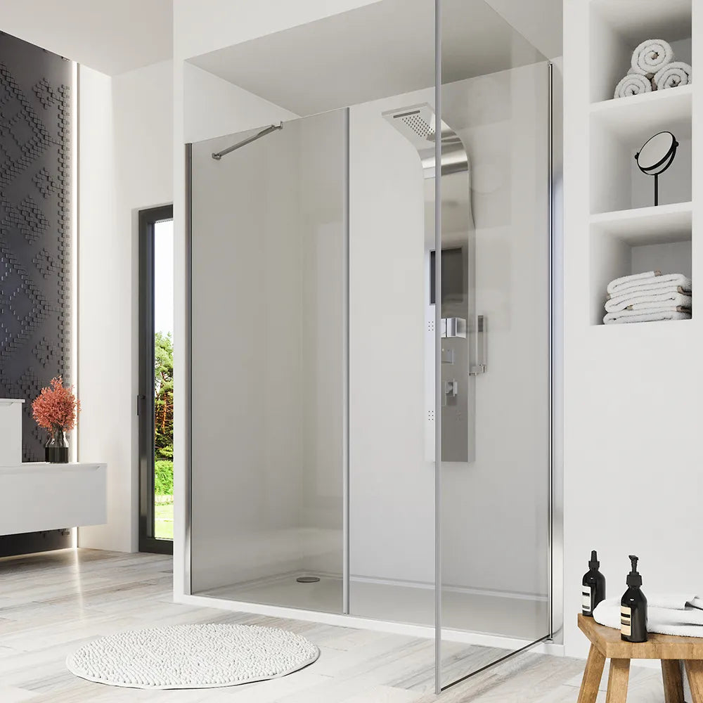 Porta doccia 140cm profili cromati apertura a battente 70cm con parete fissa da 70cm vetro 8mm trasparente h195 | Fiji