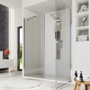 Porta doccia 140cm profili cromati apertura a battente 70cm con parete fissa da 70cm vetro 8mm trasparente h195 | Fiji