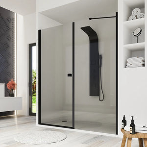 Porta doccia 150cm profili nero opaco apertura a battente 70cm con parete fissa da 80cm vetro 8mm trasparente h195 | Fiji