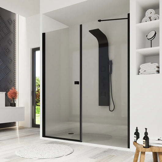 Porta doccia 150cm profili nero opaco apertura a battente 70cm con parete fissa da 80cm vetro 8mm trasparente h195 | Fiji