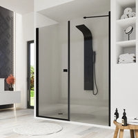 Porta doccia 150cm profili nero opaco apertura a battente 80cm con parete fissa da 70cm vetro 8mm trasparente h195 | Fiji