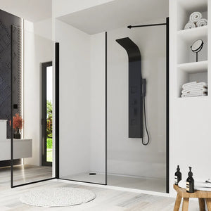 Porta doccia 160cm profili nero opaco apertura a battente 90cm con parete fissa da 70cm vetro 8mm trasparente h195 | Fiji