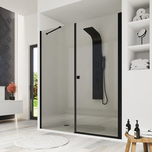 Porta doccia 170cm profili nero opaco apertura a battente 90cm con parete fissa da 80cm vetro 8mm trasparente h195 | Fiji
