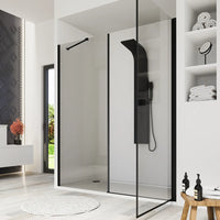 Porta doccia 170cm profili nero opaco apertura a battente 80cm con parete fissa da 90cm vetro 8mm trasparente h195 | Fiji