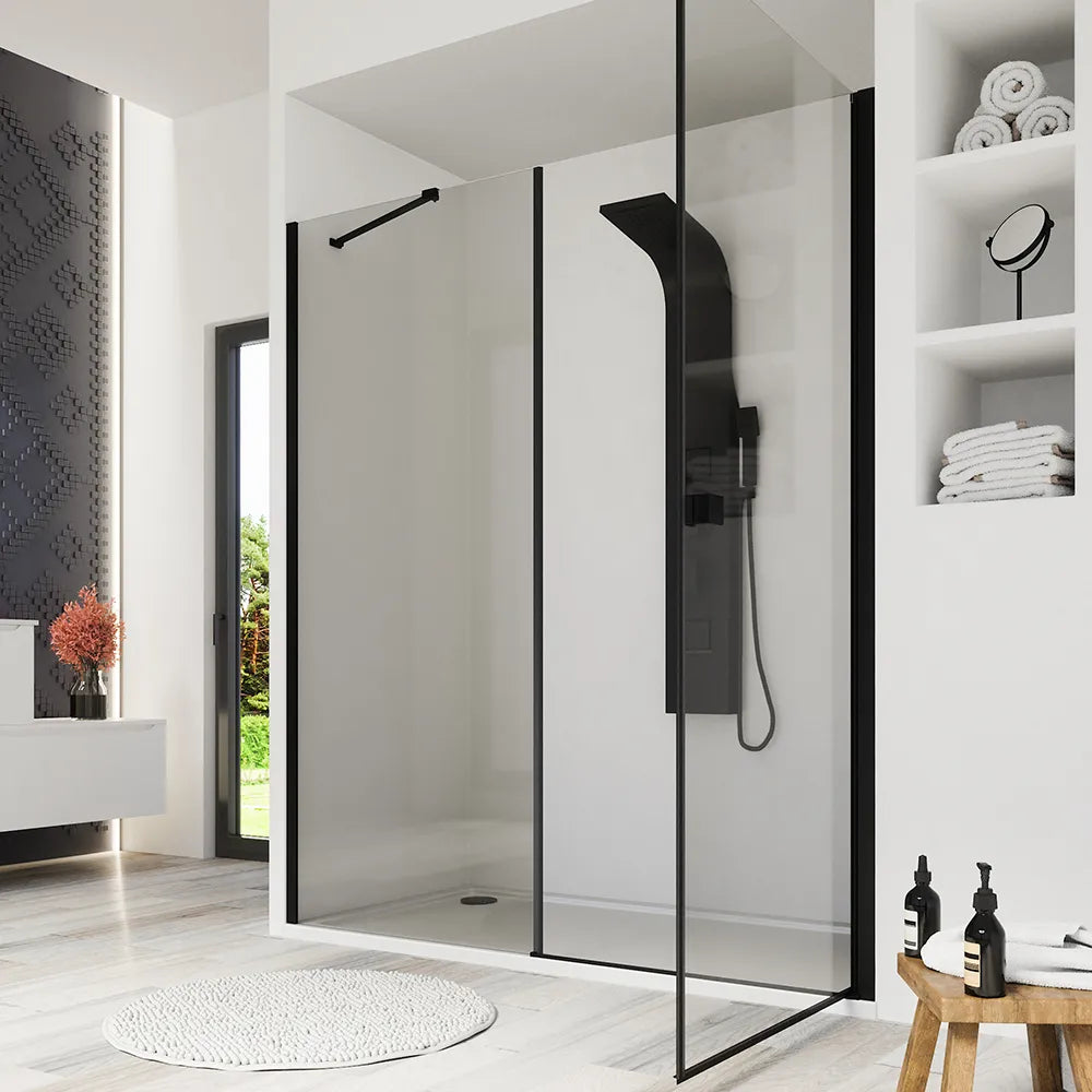 Porta doccia 140cm profili nero opaco apertura a battente 70cm con parete fissa da 70cm vetro 8mm trasparente h195 | Fiji