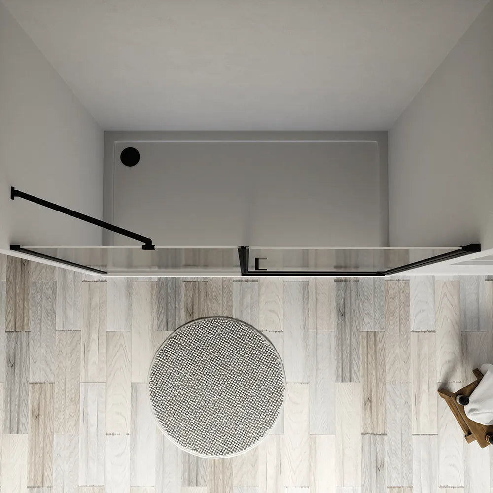 Porta doccia 160cm profili nero opaco apertura a battente 70cm con parete fissa da 90cm vetro 8mm trasparente h195 | Fiji