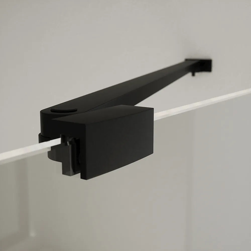 Porta doccia 150cm profili nero opaco apertura a battente 80cm con parete fissa da 70cm vetro 8mm trasparente h195 | Fiji