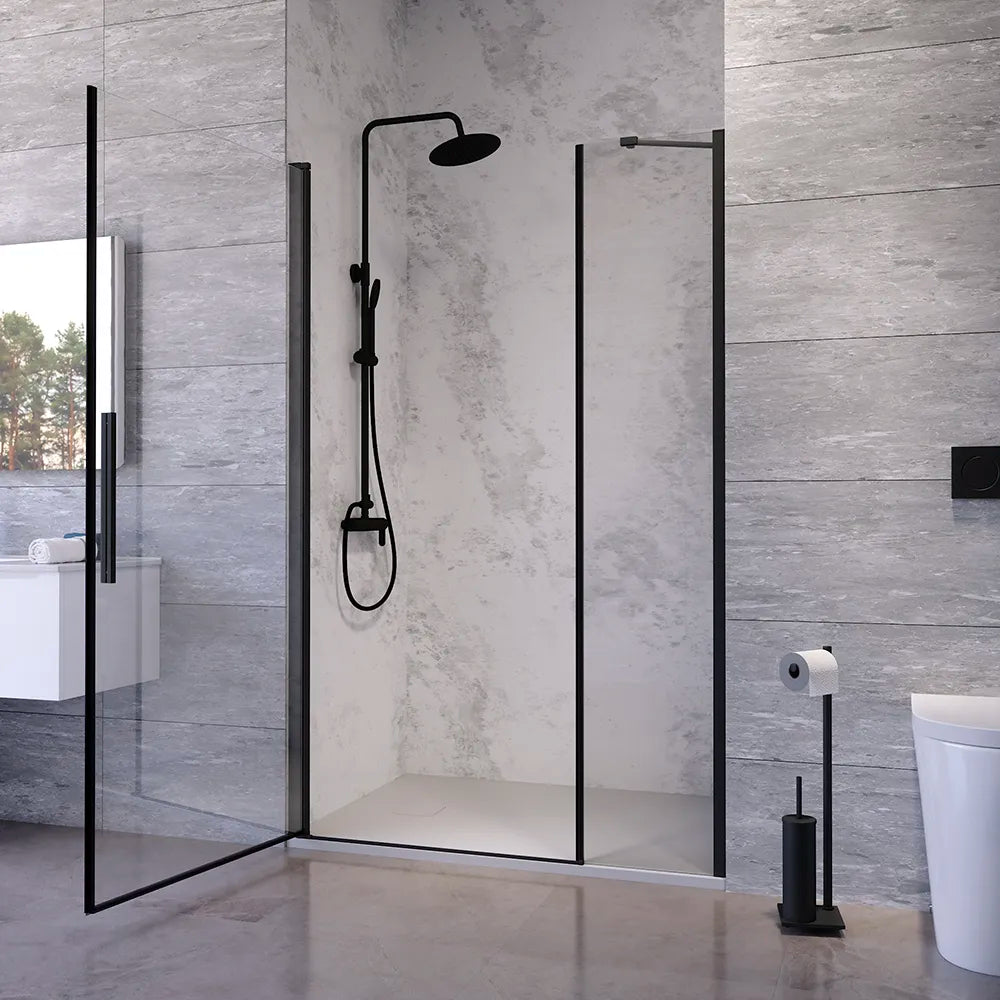 Porta doccia 126-130cm apertura a battente con profili nero opaco e vetro da 6mm trasparente h195 | Elba