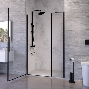 Porta doccia 126-130cm apertura a battente con profili nero opaco e vetro da 6mm trasparente h195 | Elba