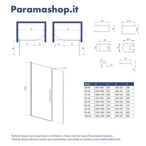 Porta doccia 126-130cm apertura a battente con profili nero opaco e vetro da 6mm trasparente h195 | Elba