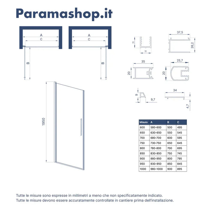 Porta doccia 65cm apertura a battente con profili cromati e vetro da 6mm opaco h195 | Elba