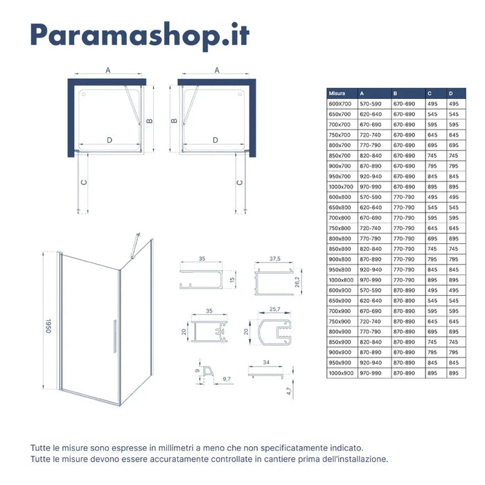 Box doccia 95x70cm con apertura a battente e parete fissa, profili cromati e vetro da 6mm opaco h195 | Elba