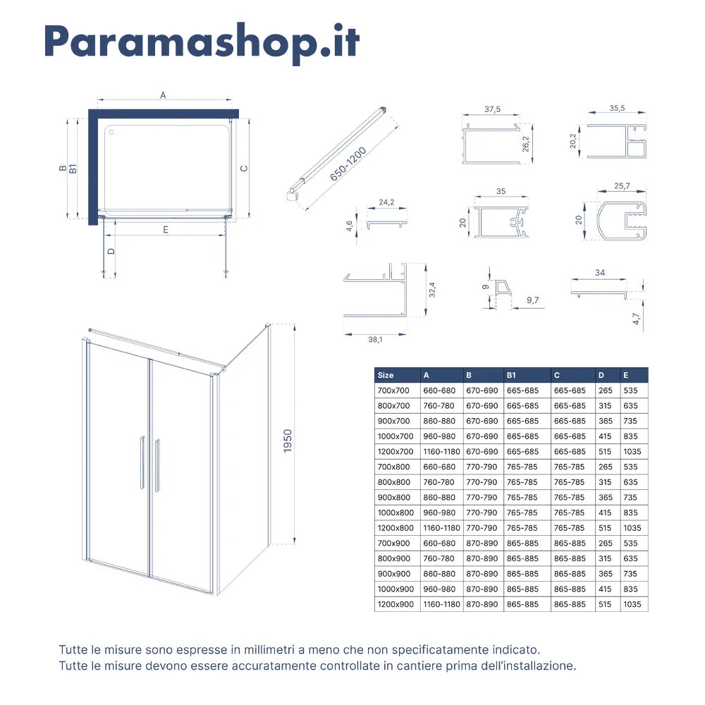 Box doccia 70x80cm con apertura saloon e parete fissa, profili nero opaco e vetro da 6mm fumè h195 | Elba