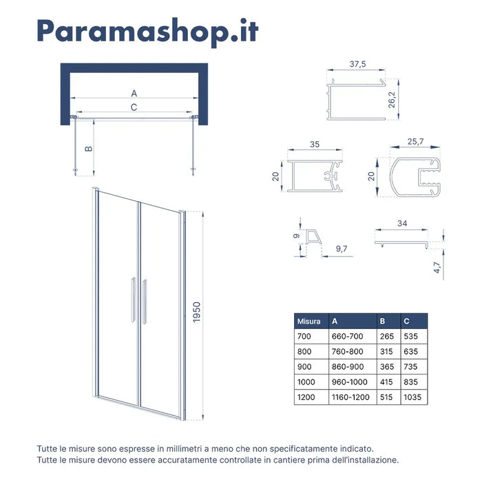Porta doccia 90cm apertura saloon con profili cromati e vetro da 6mm trasparente h195 | Elba