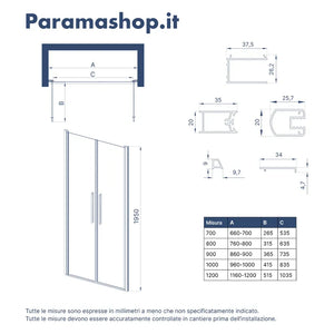 Porta doccia 80cm apertura saloon con profili cromati e vetro da 6mm opaco h195 | Elba