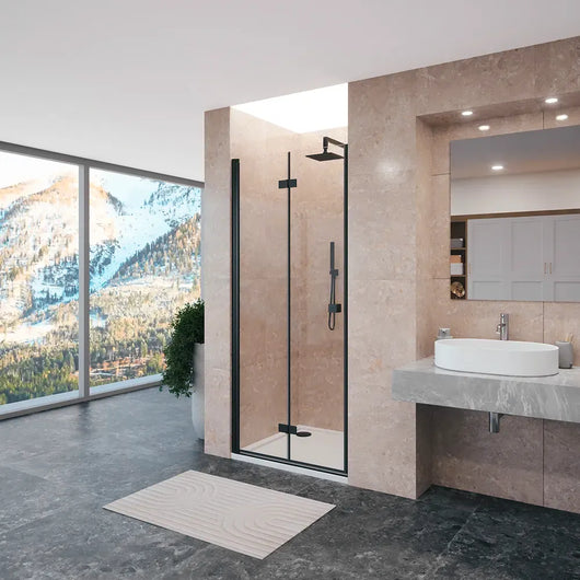 Porta doccia 90cm apertura a libro lato sinistro con profili nero opaco e vetro da 8mm trasparente h195 | Fiji