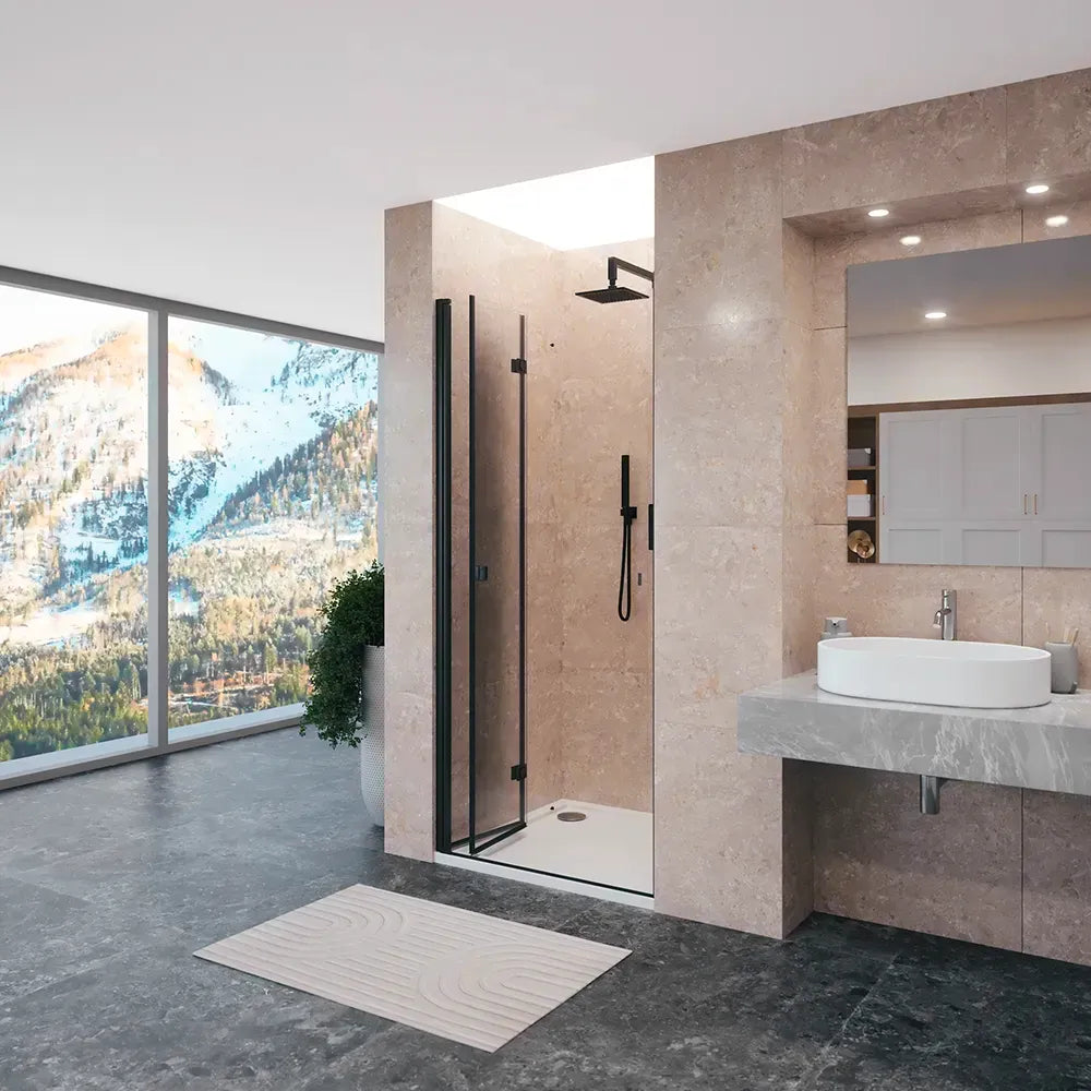 Porta doccia 80cm apertura a libro lato sinistro con profili nero opaco e vetro da 8mm trasparente h195 | Fiji