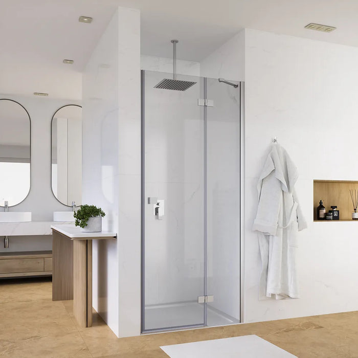 Porta doccia 110cm apertura a battente lato destro con cerniere, profili cromati e vetro da 8mm trasparente h195 | Fiji