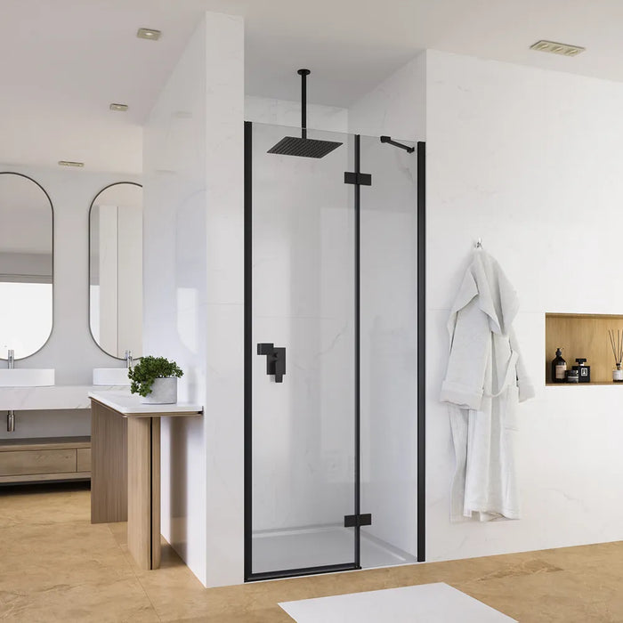 Porta doccia 100cm apertura a battente lato destro con cerniere, profili nero opaco e vetro da 8mm trasparente h195 | Fiji