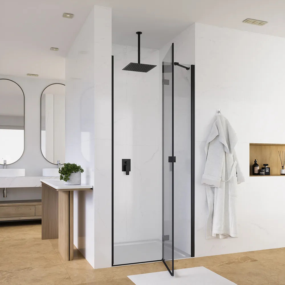 Porta doccia 70cm apertura a battente lato destro con cerniere, profili nero opaco e vetro da 8mm trasparente h195 | Fiji