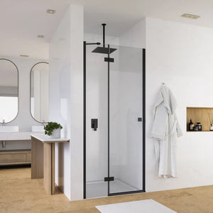 Porta doccia 70cm apertura a battente lato sinistro con cerniere, profili nero opaco e vetro da 8mm trasparente h195 | Fiji