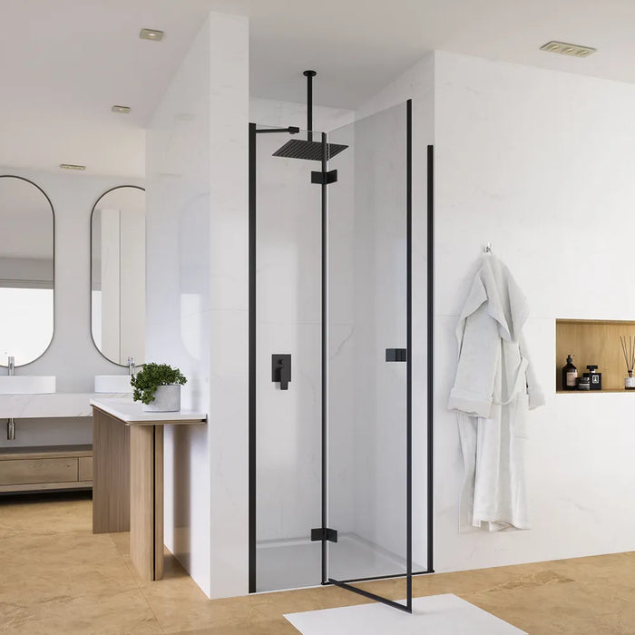 Porta doccia 70cm apertura a battente lato sinistro con cerniere, profili nero opaco e vetro da 8mm trasparente h195 | Fiji
