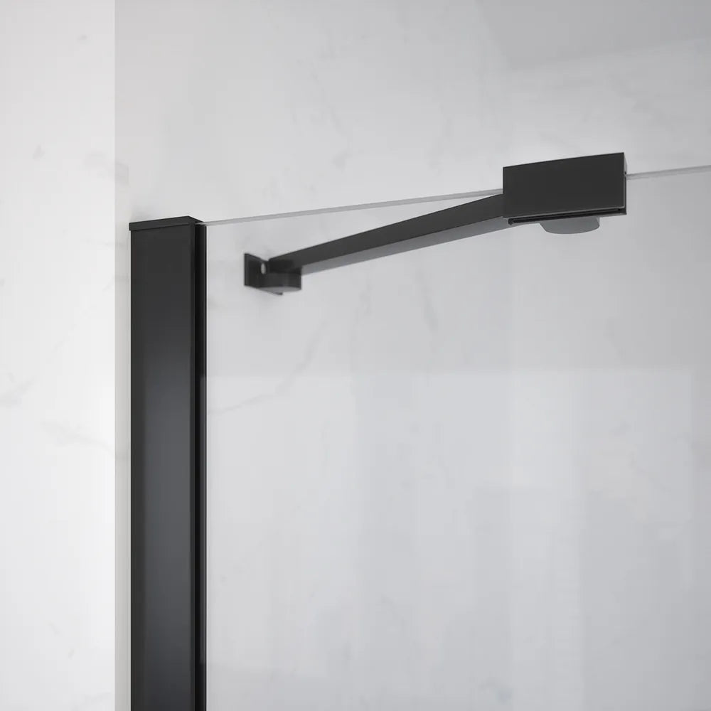 Porta doccia 110cm apertura a battente lato sinistro con cerniere, profili nero opaco e vetro da 8mm trasparente h195 | Fiji