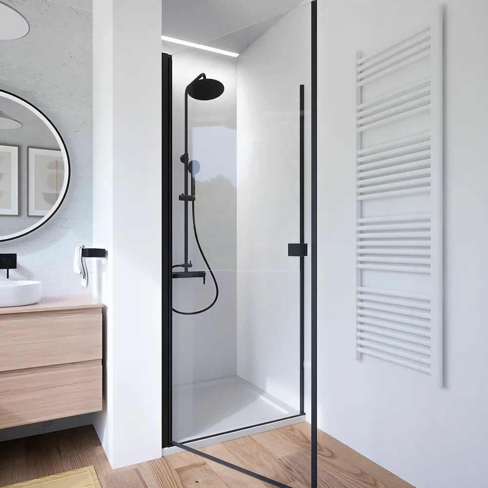 Porta doccia 70cm apertura a battente con profili nero opaco e vetro da 8mm trasparente h195 | Fiji